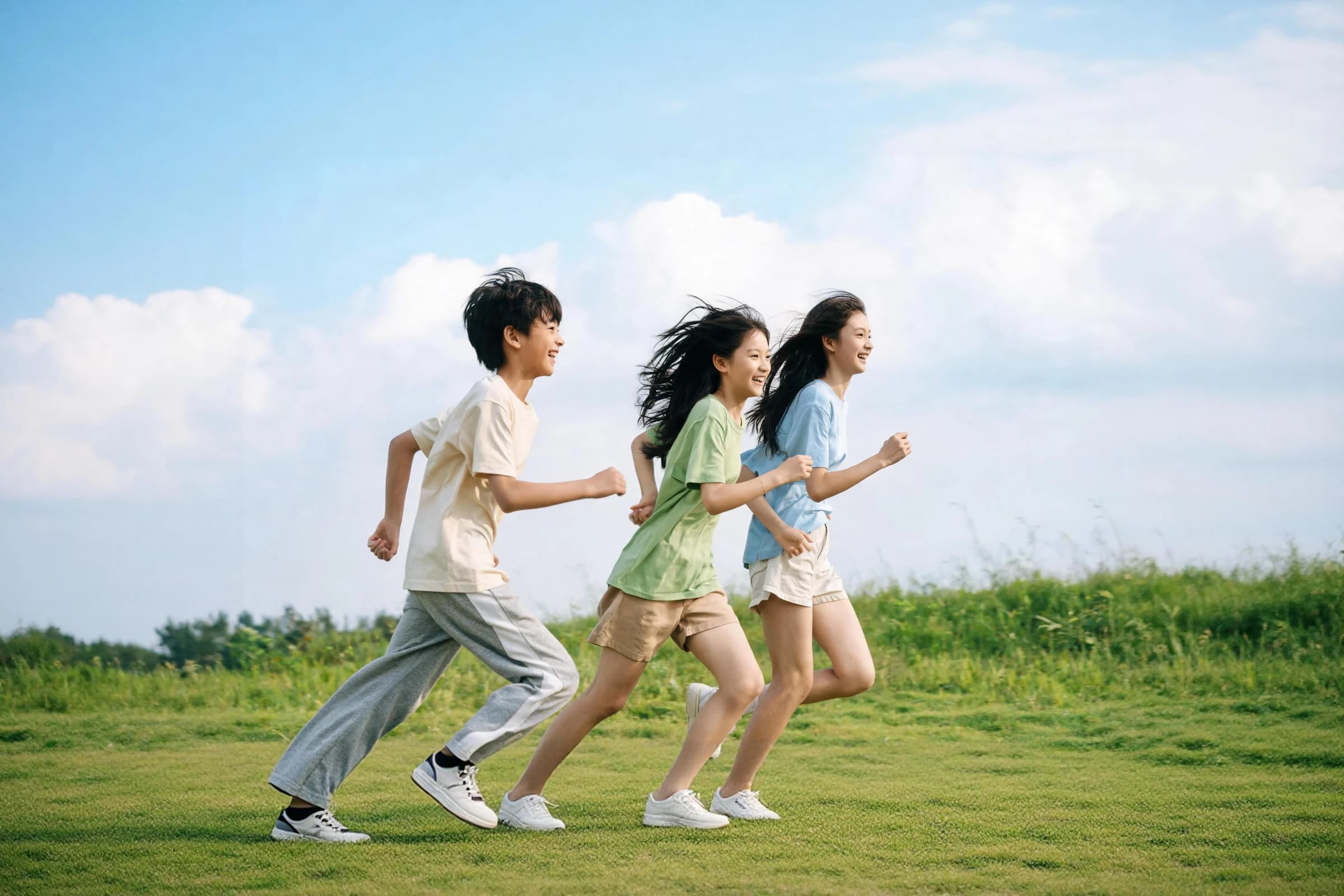 三名学生在阳光下向前奔跑
