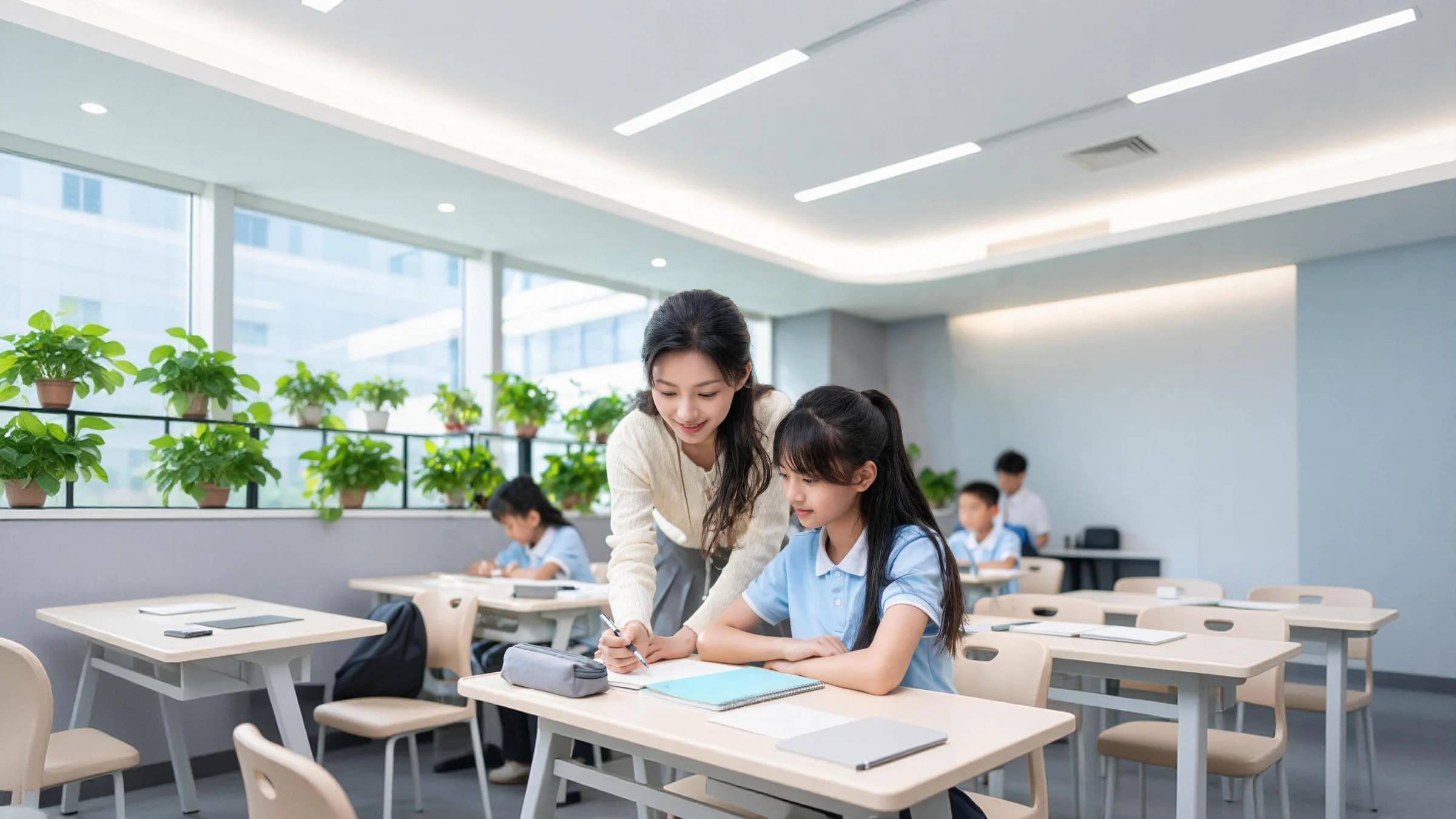 老师在课堂上辅导学生学习